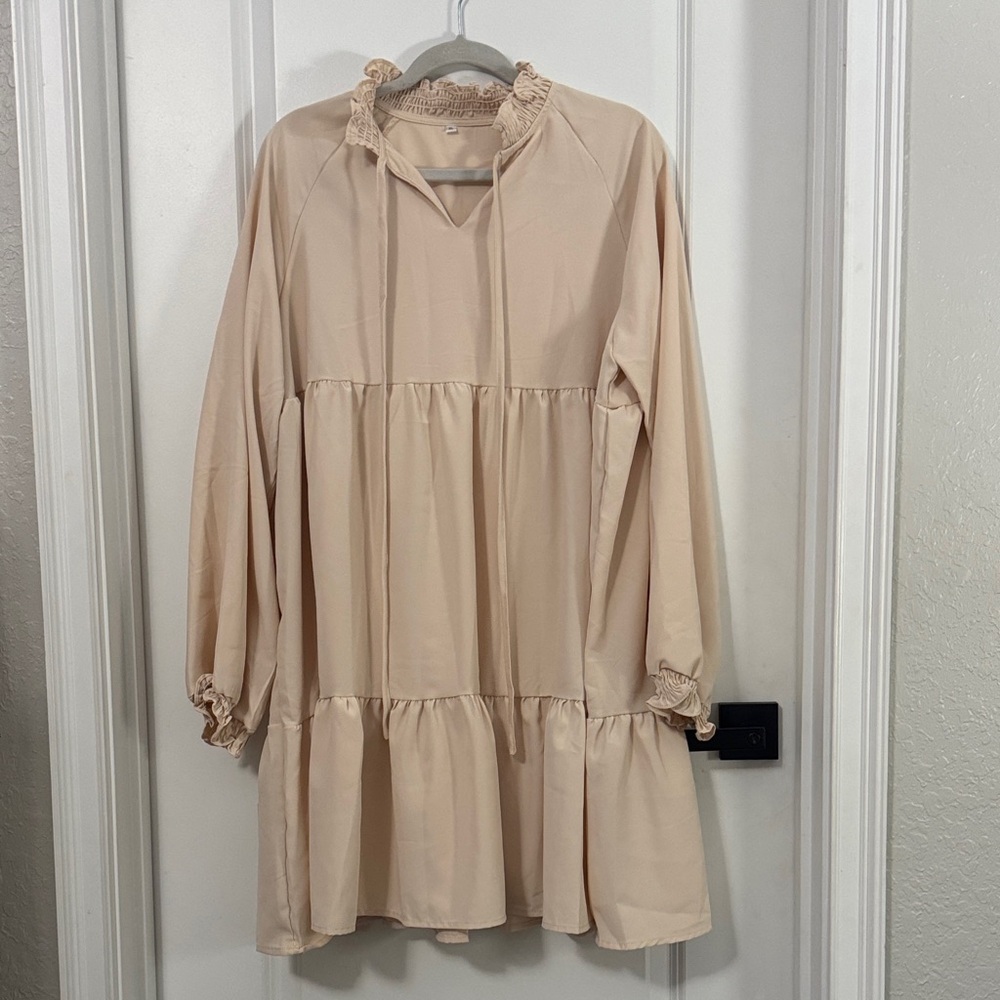 Beige Long-Sleeve Tiered Dress